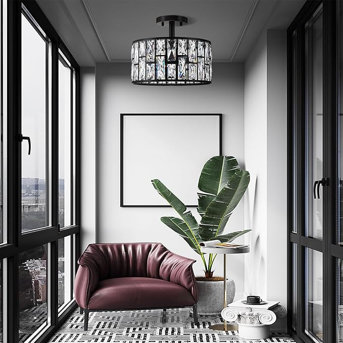 3 Light 12" Crystal Hanging Kitchen Island Ceiling Light Black Finish,Concise Pendant Fixture Crystal Metal Pendant Chandelier Lamp Shade for Bar,Dining Room,Living Room Over Sink