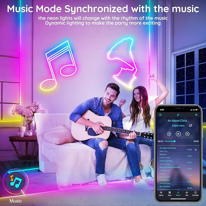 FBZ 200Ft Led Rope Lights, Flexible Neon Lights Control with App/Remote, Multiple Modes, IP65 Outdoor RGB Waterproof, Music Sync Gaming Light Strip for Bedroom Decor (32.8FT)