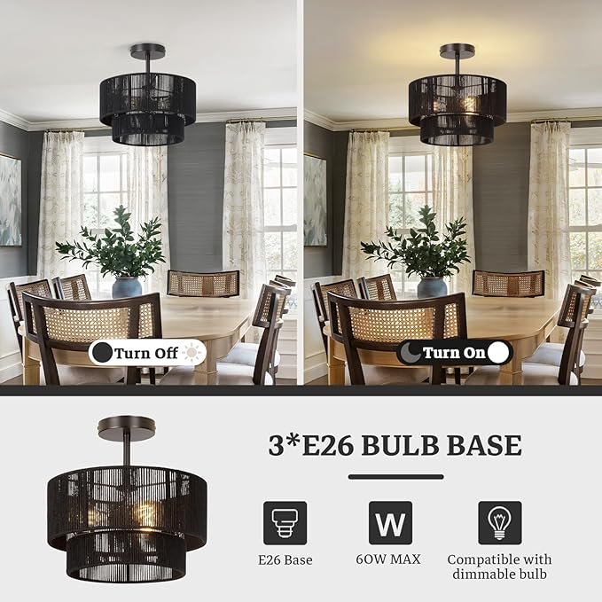 Rattan Ceiling Light Fixture,Boho Style Semi Flush Mount Ceiling Light, 12.6Inch Farmhouse Rattan Light Fixture with Black Woven Drum Lampshade for Entryway, Foyer, Kitchen