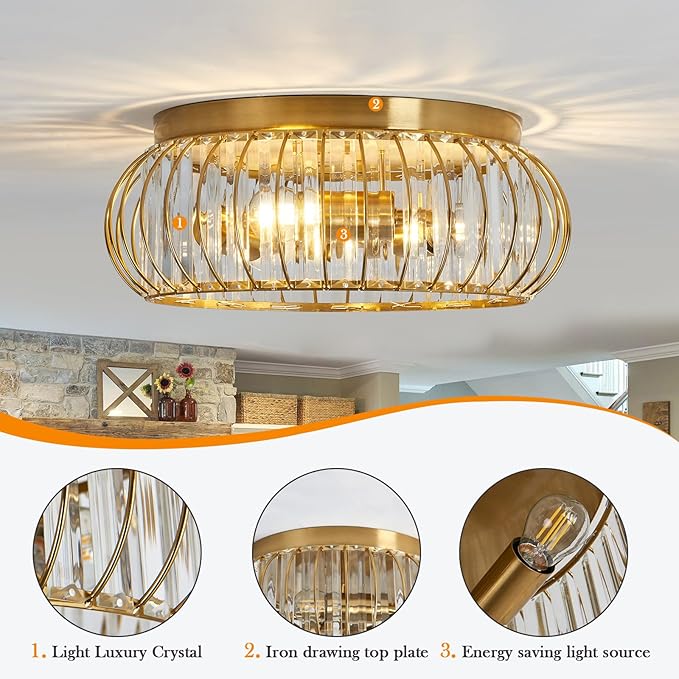 YYJLX Crystal Flush Mount Ceiling Light Fixtures Modern Gold Ceiling Light 3 Light Ceiling Chandelier for Hallway Bedroom Bathroom Foyer Living Room Dining Room Kitchen.