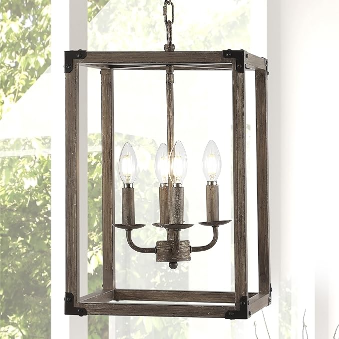 JONATHAN Y 12" Brown/Oil Rubbed Bronze Rustic Farmhouse 4-Light LED Pendant, Adjustable Iron Lantern Chandelier for Kitchen Island, Barnwood Wood Grain Finish JYL7475A