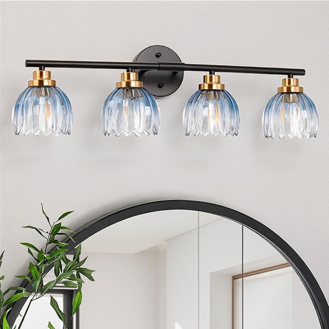 TALOYA Bathroom Vanity Light Fixtures, 4-Light Black and Gold Wall Lights for Mirror with Gradient Blue Tulip Glass Shades, Over Sink Lighting for Bedroom, Living Room, Hallway,Farmhouse
