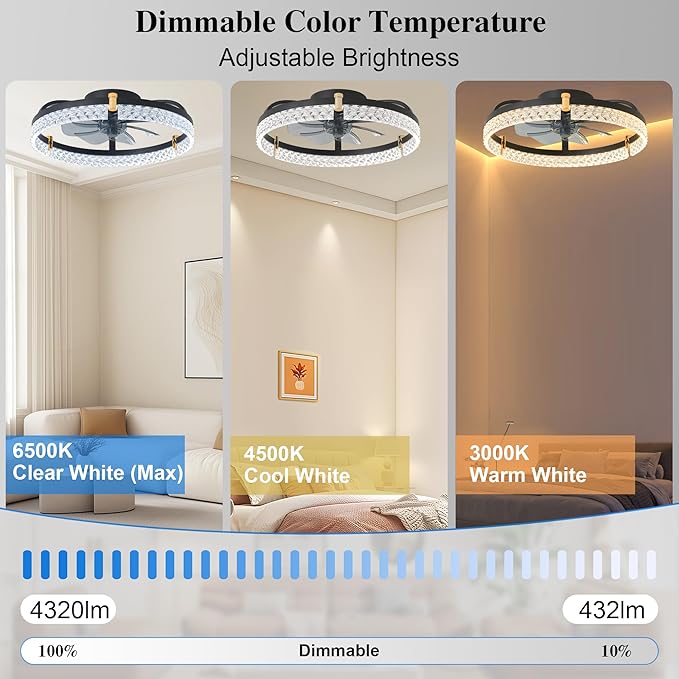 DIAMONDFORGE Ceiling Fans with Lights and Remote Fandelier - Low Profile Modern - 20'' Flush Mount Ceiling Fans for Bedroom,Stepless Color Temperature and 6 Speeds- Black and Crystal