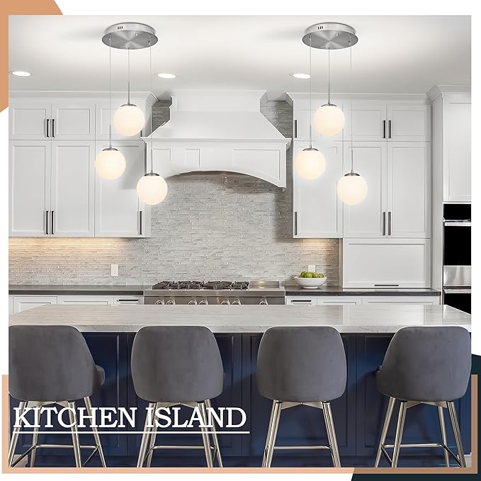 KoKo&Yukina 3-Light Nickel Glass Chandelier Globe Glass Cluster Pendant Lights Modern Adjustable Length Pendant with Milky White Globe Ceiling Light for Kitchen Island Dining Room(Bulb & Remote Incl.)
