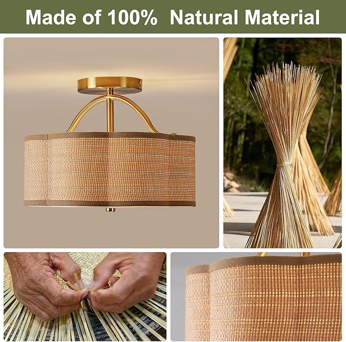 13" Rattan Semi Flush Mount Ceiling Light 3-Light Boho Mini Chandelier Ceiling Light Flush Mount for Hallway,Entrance,Kitchen,Bathroom,Bedroom,Living Room