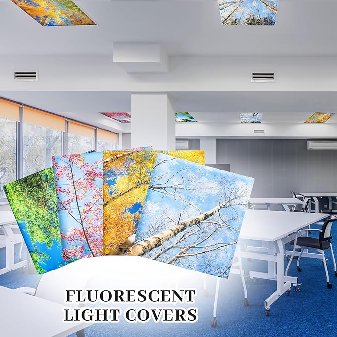 Hortsun 12 Pcs Fluorescent Light Covers Bulk, 4 x 2 ft Magnetic Fluorescent Drop Ceiling Lighting Covers Light Filter Shade for Home, Office, Hospital, School Classroom Decoration(Seasons Forest)