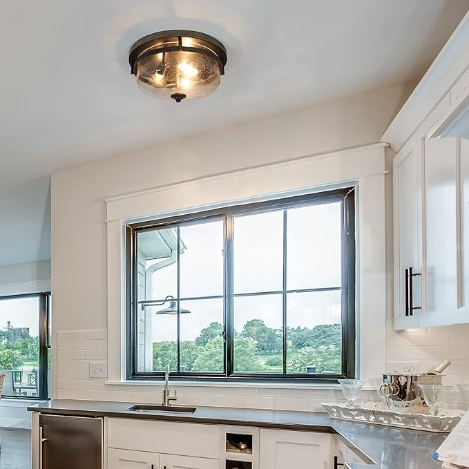 LOG BARN Flush Mount Ceiling Light, Farmhouse Light Fixtures Ceiling with Faux Wood Finish and Seeded Glass Cover, W13.5 x H6.5