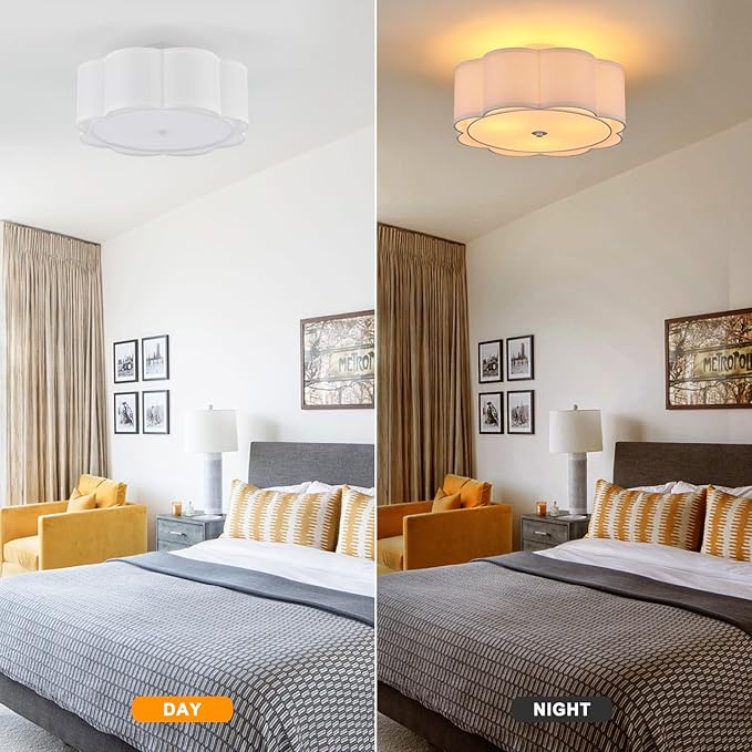 Semi Flush Mount Ceiling Light, White Linen Fabric Shade Ceiling Light, Modern Farmhouse Close to Ceiling Light for Bedroom, Hallway, Living Room, Dining Room, Laundry Room