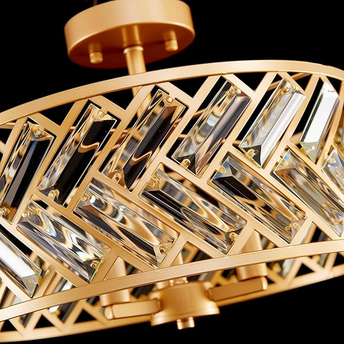 AGV LIGHTING CL052G K9 Crystal Ceiling Light, Flushmount Ceiling Light Fixture for Living Room, Close to Ceiling Modern Design, 3-Lights, D15 x H11 in, Clear Crystal & Gold Finish Frame