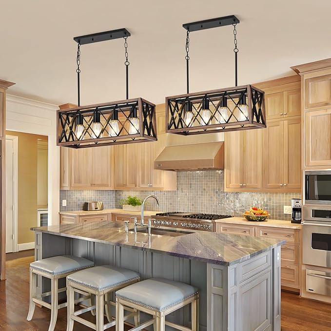 KEESFU 4-Light Farmhouse Linear Chandelier for Dining Room,Adjustable Rustic Pendant Light with Wood Grain Finish for Kitchen Island & Dining Table,Farmhouse Kitchen Lighting fixtures Ceiling.