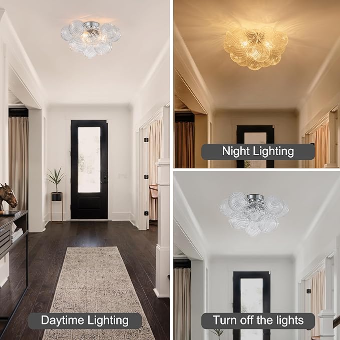 GoYeel Modern Chandelier Close to Ceiling Light Fixture 3 Light Contemporary Mid Century Glass Chandelier 18.5" with 13 Clear Swirled Globe Foyer Bedroom Living Room