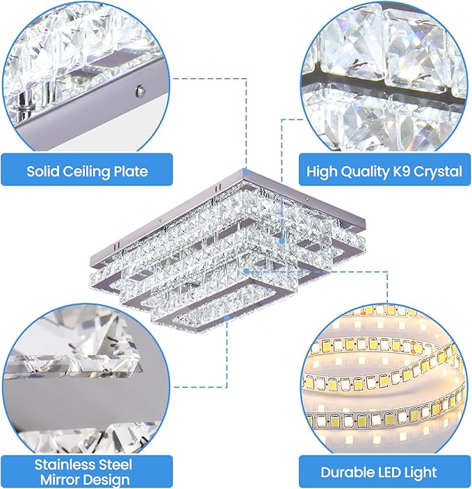 Finktonglan Modern Crystal LED Ceiling Light Fixtures 20” Dimmable Rectangular Flush Mount Chandelier Ceiling Lights 3-Tiers Stainless Steel Ceiling Lamp Fixtures for Living Room Bedroom Dining Room