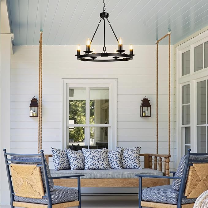 Solar Outdoor Chandelier, 6-Light 19" Chandelier Outdoor Waterproof Dimmable Hanging Pendant Lights, Farmhouse Style for Gazebo, Porch, Patio, Pergola, Decor Lighting