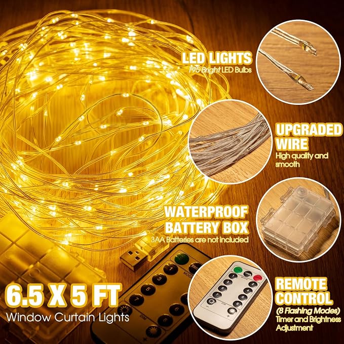 195 LED Curtain String Lights,6.5 x 5 ft Battery Operated USB Powered light with 8 Modes Dimmable Timer,Copper Tapestry Twinkle Fairy Lights for Christmas Bedroom Backdrop Wedding Indoor Outdoor Decor