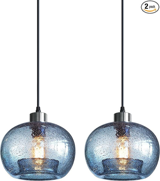 CASAMOTION Pendant Lighs Kitchen Island Hand Blown Glass Marble Blue Color Modern Rustic Style Ceiling Hanging Light Fixtures Dining Room Brushed Nickel 8.7 Inch Diam 2 Pack