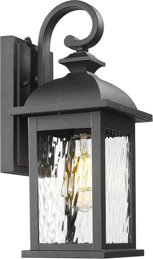 FEMILA Dusk to Dawn Exterior Wall Sconce, 15" Front Porch Light Fixtures Wall Mount for Patio, Garage, Garden, UL Listed, Matte Black Water Ripple Glass, 4FD54B-PC BK-WP