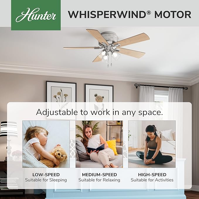 Hunter 52 inch Indoor Ceiling Fan with LED Lights and Pull Chain - Low Profile Mount Ceiling Fan, 5 Blades, For Bedroom, Living Room, or Kitchen, Quiet - Crestfield 54209, Brushed Nickel