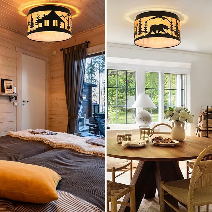 Rustic Flush Mount Ceiling Light with Deer and Bear Elements,2-Light E26 Bulbs Round Metal Parchment Lampshade Fixture for Farmhouse, Kitchen, Bedroom, foyer, and Entryway