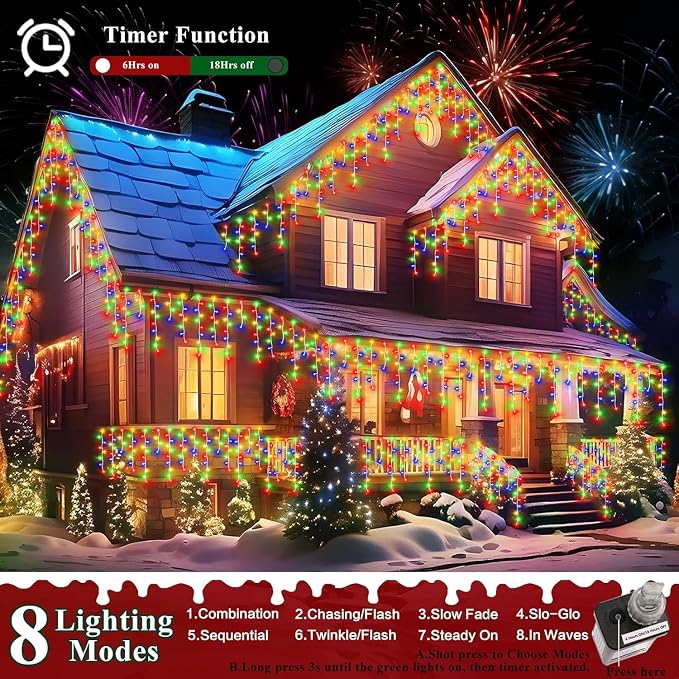 XURISEN 132ft Christmas Lights Decorations Outdoor, 1280 LED 8 Modes Fairy Lights with 240 Drops,Plug in Waterproof Timer Memory Function for Christmas Holiday Wedding Party Decorations(Multicolor)