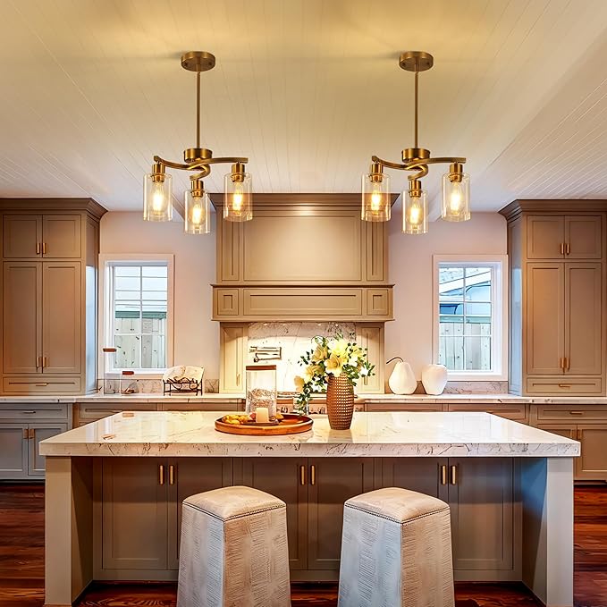 3 Light Brushed Gold Chandelier for Dining Room, Modern Kitchen Island Light Fixtures Over Table, Metal Hanging Pendant Lighting with Clear Glass Shade, Farmhouse Industrial Gold Finish
