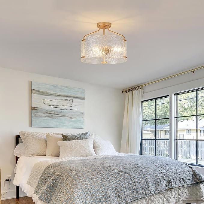 Semi Flush Mount Ceiling Light Fixture Glass Drum Chandelier Entryway Light Fixture 16''Gold Flush Mount Ceiling Lights 3-Light Foyer Lighting fixtures for Living Room Hallway Bedroom