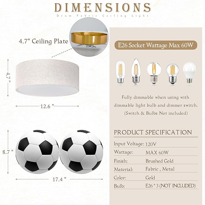 12.6 Inch Flush Mount Ceiling Light Gold Close to Lights Fixture with Fabric Shade 3-Light Drum Modern Lights for Dining Room Bedroom Hallway