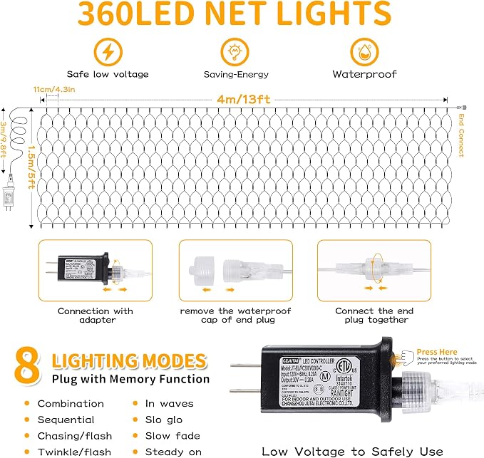 HEYFUNi Net Mesh Waterproof String Lights,360LED 13ft x 5ft Christmas Net Lights, 8 Modes,Connectable for Indoor Outdoor, Curtain,Garden,Christmas Tree, Bush, Party, Holiday, Wall Decor (Warm White)