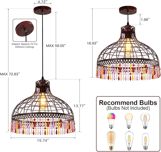 16-inch Wrought Iron Tiffany-Style Chandelier, Industrial Retro Wine-red Wrought Iron Lighting Fixture, Suitable for Kitchen Island, Game Room, Dining Room, bar Counter