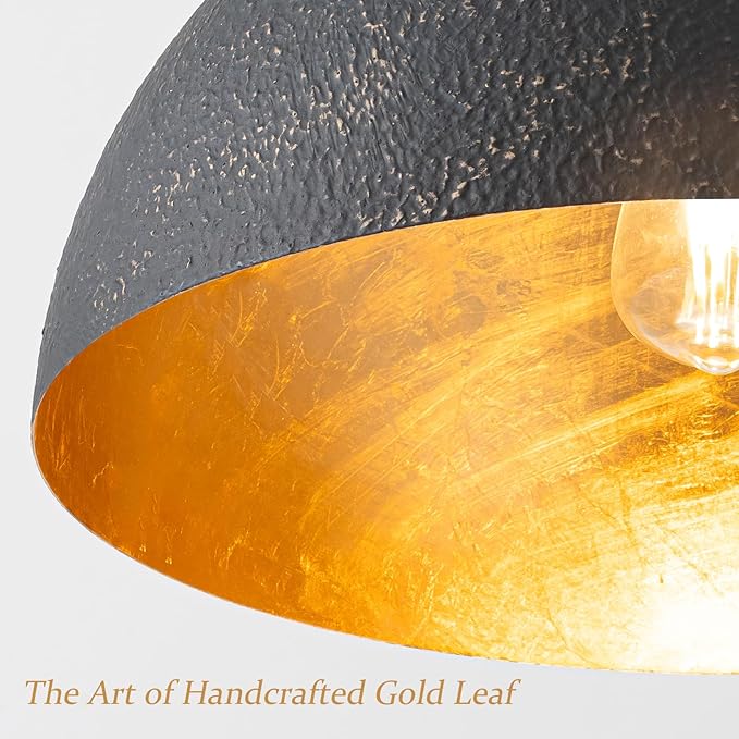 15.7" Farmhouse Pendant Light,Black with Gold Grain Industrial Large Dome Light Fixture,Adjustable Vintage Chandelier for Kitchen Island,Dining Room,and Bedroom