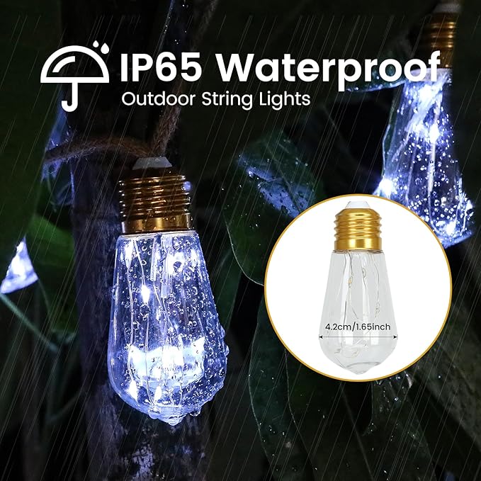 Solar Outdoor String Lights 2 Pack 24FT Vintage Rope Hemp Solar Lights with 20 Shatterproof Bulbs,8 Modes Solar Powered String Lights with Memory Function, Waterproof for Fence,Balcony,Garden(White)