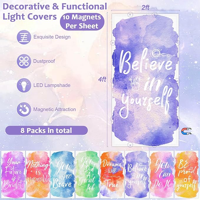 QOUBAI 8 Pcs Fluorescent Light Covers, 4x2 Feet Magnetic Light Cover Fluorescent Lights Shade Panel Positive Inspirational Ceiling Lights Filters for Office Classroom Home Drop Ceiling Watercolor