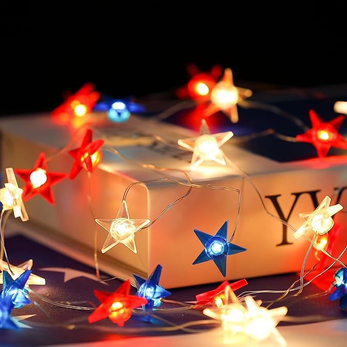 4th of July Decorations, 10ft 30 LED Twinkle Red White and Blue Star String Lights Battery Operated, Patriotic Decorations for Memorial Independence Day Party Golfcart Fourth of July (White Light)