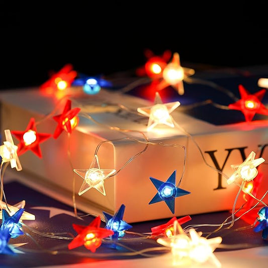 4th of July Decorations, 10ft 30 LED Twinkle Red White and Blue Star String Lights Battery Operated, Patriotic Decorations for Memorial Independence Day Party Golfcart Fourth of July (White Light)