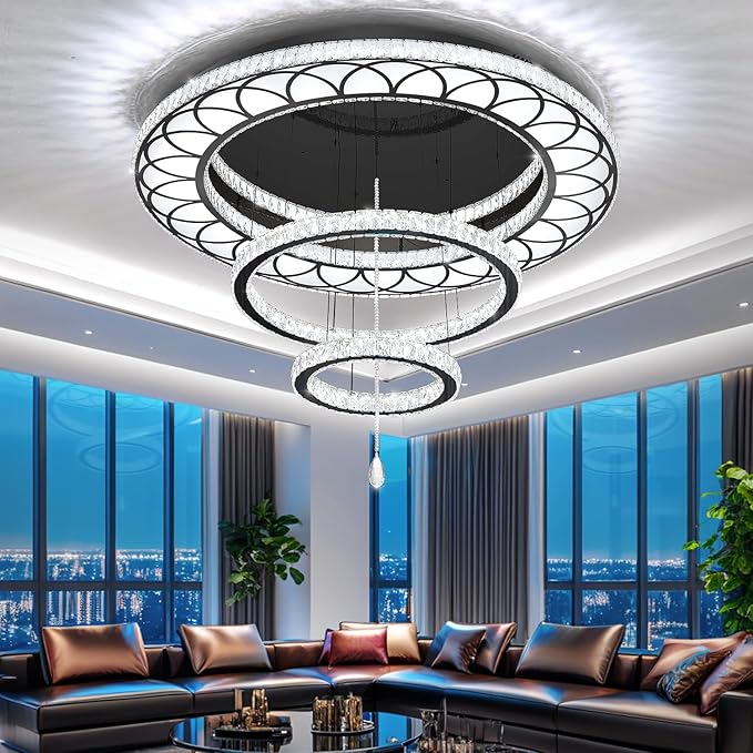 Flashing God Dia 48" Large Crystal Chandelier Modern Black Chandeliers LED Dimmable Flush Mount Chandelier Crystal Ceiling Light for Living Room Bedroom Foyer