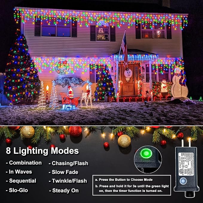Icicle Christmas Lights Outdoor - 98FT 1216 LED Icicle Lights for Outside with 8 Modes Timer, 228 Drops Waterproof Hanging String Light Indoor for House Patio Garden Party Decorations, Multicolor