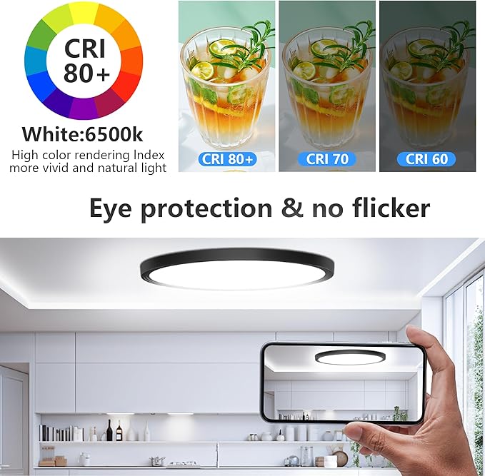 Flush Mount Ceiling Light Fixtures,12inch Flat led Light for Ceiling,6500K 3200LM Ultra Thin Round Black Lamp for Bedroom Kitchen,Bathroom,Garage,Living Room, Dining Room - 4PCS