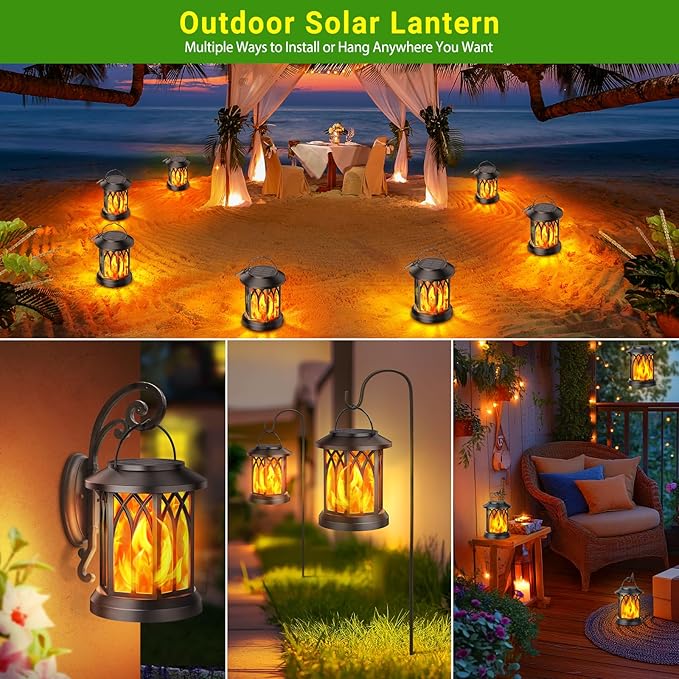 KOOPER 6 Pack Solar Lantern Outdoor Lights, Upgraded Flickering Flame Solar Lanterns Outdoor Waterproof, Auto ON/OFF Lanterns Decorative Outdoor, Hanging Lantern for Yard Patio Lawn Table Garden Decor