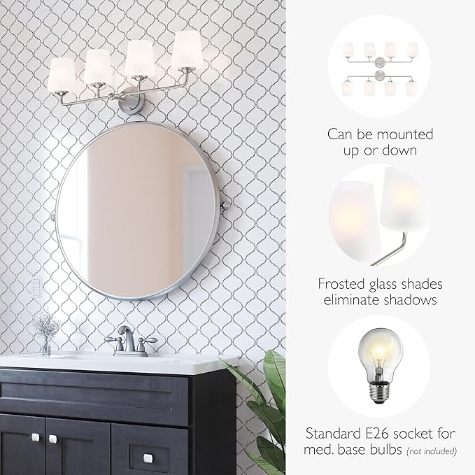 Design House Stasia Vanity Light, 4-Light, Sleek Modern Arms, Frosted Glass Glow, Dimmable, Dual-Mount Option, E26 Socket, Satin Nickel, 33.6 in L x 6.7 in W x 10.9 in H, 589309