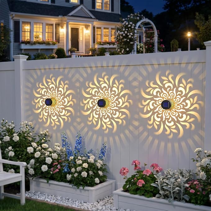 Solar Fence Lights 2 Pack Outdoor Deck Step Wall Lights Metal Waterproof LED Warm Yellow Light for Garden Post Patio Backyard Yard Decor (Mandala-5, 2)