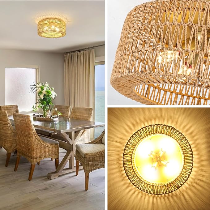 Rattan Light Fixtures Ceiling Mount,4-Lights Boho Flush Mount Ceiling Light with Hand-Woven Shade, 18''Rattan Farmhouse Chandelier for Hallway Bedroom Kitchen Farmhouse Foyer Entryway (Gold)