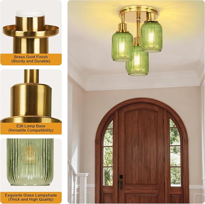 Semi Flush Mount Ceiling Light, 3-Light Close to Ceiling Light Fixtures, Brass Gold Finish Kitchen Light Fixtures with Green Glass Shades Patriot Lighting for Entryway Porch Hallway, Gold & Green