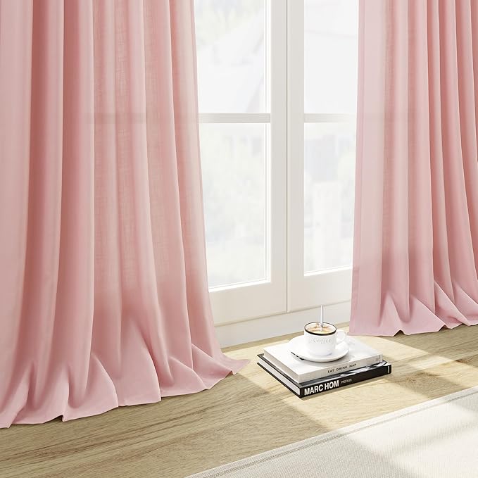 Nanspring Pink Linen Curtains 108 Inches Long for Baby Girl Bedroom 2 Panels Set Extra Long Back Tab Curtain Light Filtering Semi Sheer Pink Drapes Floor to Ceiling Curtains for Large Windows 52x108