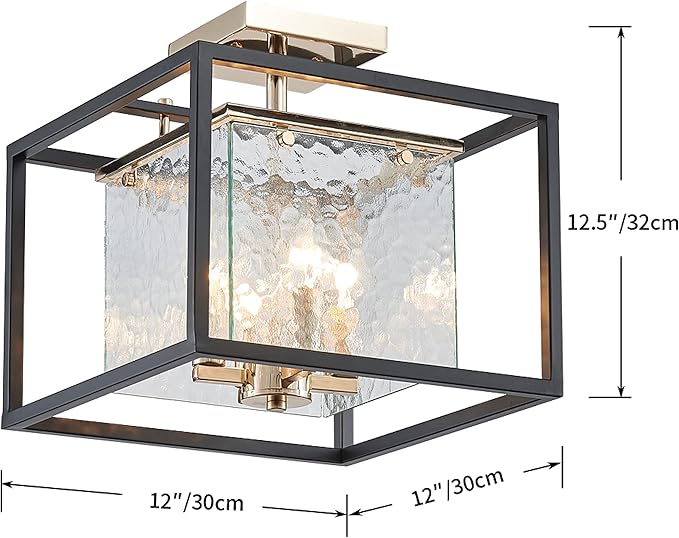 AGV LIGHTING CL015 Semi Flush Mount Ceiling Light Fixture, Close to Ceiling Light, 4-Lights E12 Base, Hazy Textured Glass Shade, Matte Black & Shine Gold Finish