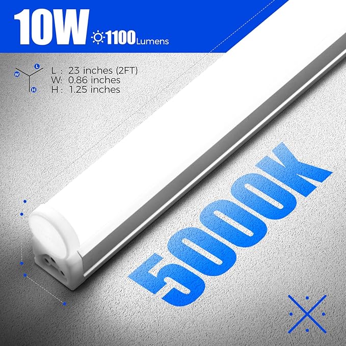 Barrina T5 LED Shop Light 2FT, 1100LM, 10W, 5000K (Daylight White), Linkable Ceiling and Under Cabinet Light, Corded Electric with Built-in ON/Off Switch, Shop Lights for Garage, 2 Packs