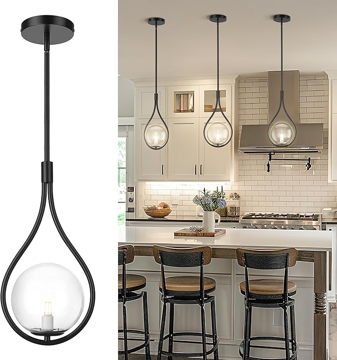 AUTELO Black Pendant Light Fixtures, 1-Light Pendant Lights Kitchen Island with Clear Globe Glass, Modern Pendant Lights, Black Hanging Lights for Kitchen Island H9377 CLBK