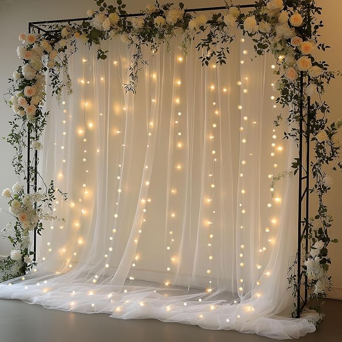 White Tulle Backdrop Curtain with Lights String 10x8ft Sheer Drapes for Wedding, Birthday, Baby Shower, Bridal Shower, Photo Booth, Party, Home Decor (2 Panels, White)