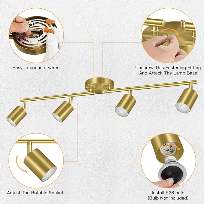 Track Lighting Ceiling Fixture Gold, Modern Kitchen Light Fixtures Ceiling, 4-Light Rotatable LED Track Lights, Semi Flush Wall Spotlight for Living Room/Hallway/Office(GU10 Socket, Bulb Not Included)