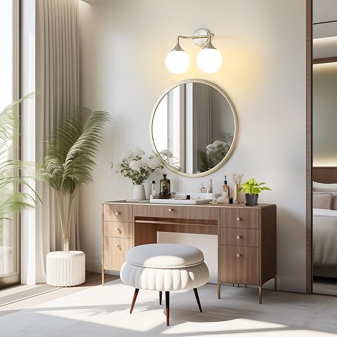 Brushed Nickel Vanity Lights Fixtures, 2-Light Bathroom Vanity Lighting Over Mirror, Modern Bathroom Wall Sconces with Milky White Glass Ball Shades