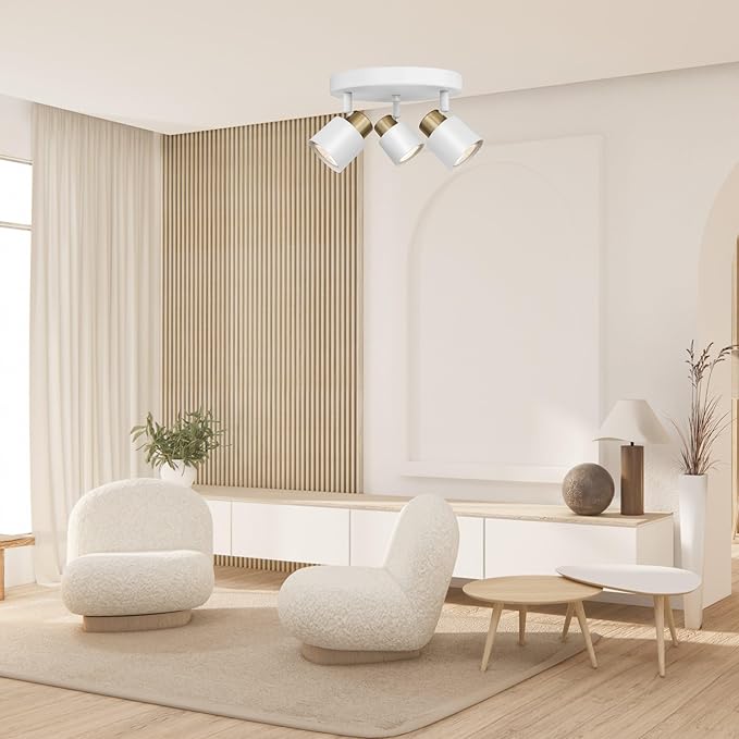 3 Light Track Lighting Kit, Matte White Brass Finish Canopy with Moden Flush Mount Ceiling Spotlight for Kitchen,Dining,Living Room,Home Improvement