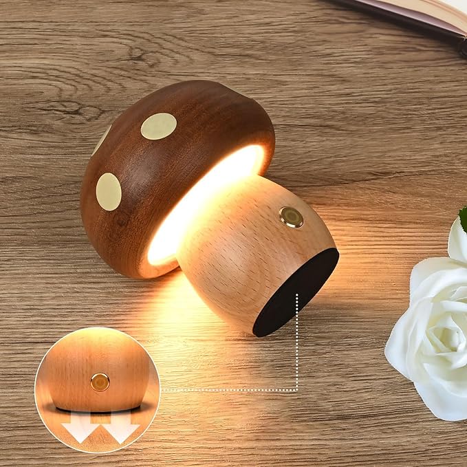 Wooden Mushroom Lamp - Rechargeable Touch Mushroom Night Light, Aesthetic Bedside Light Nature Decor Creative Gifts (Ebony + Beech)